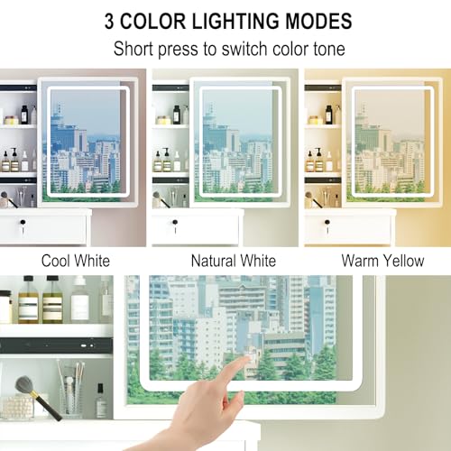 White Vanity Desk with Mirror and Lights, 3 Lighting Modes, Drawers, Open Storage Shelves N395271