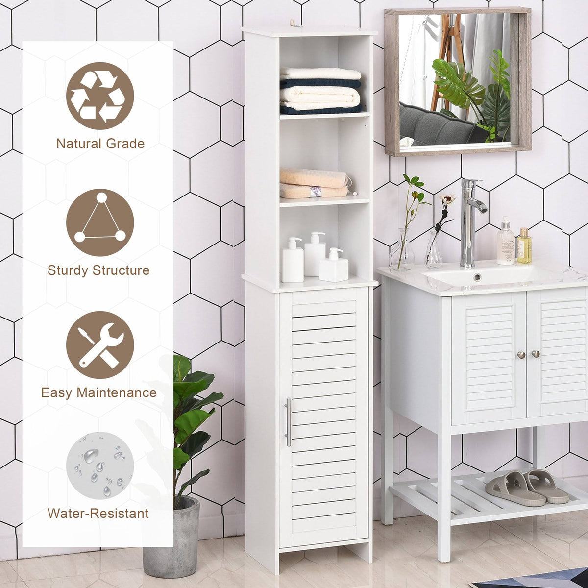 White Tall Storage Cabinet with Door and Open Shelves V879381