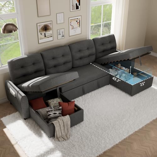 Dark Grey Linen Sectional Sleeper Sofa with Storage Chaise V348111