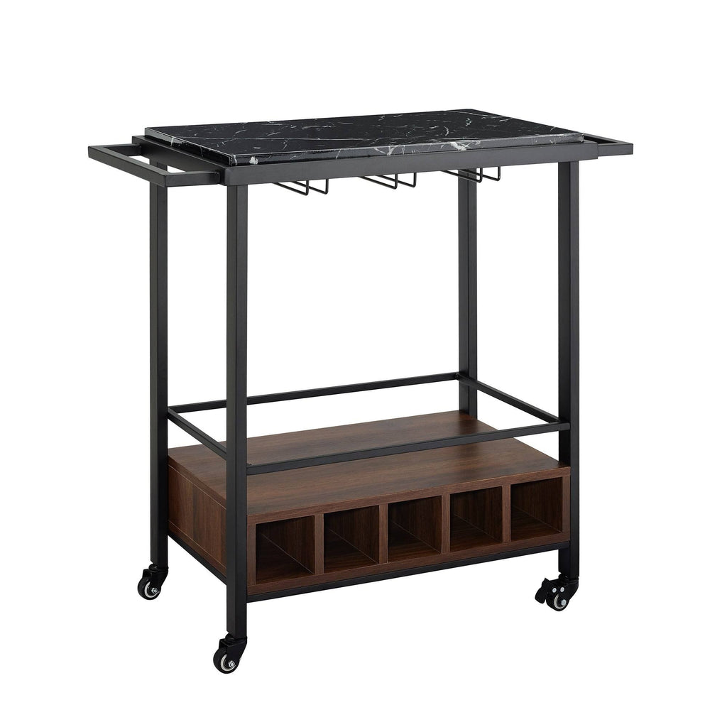 Faux Marble Serving Bar Cart with Dark Walnut Base B4901