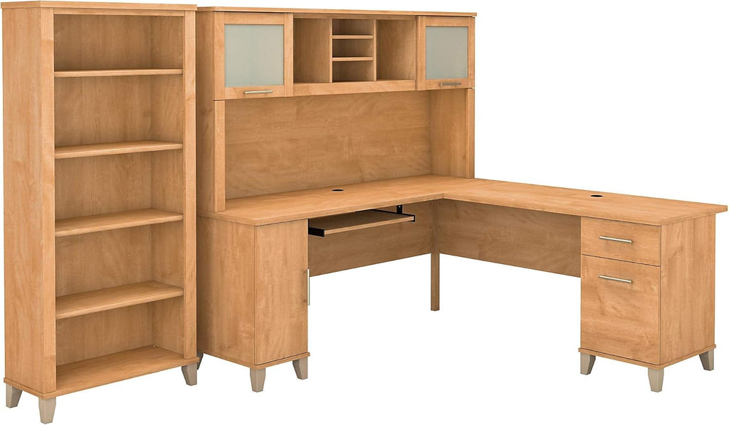 L Shaped Desk with Hutch and 5 Shelf Bookcase, 60W, Hansen Cherry Z48168
