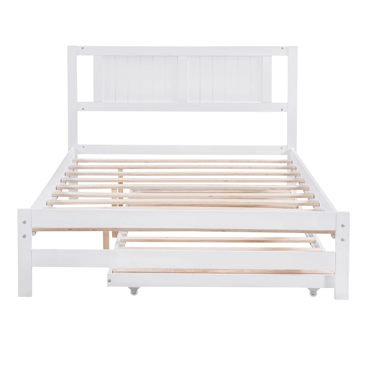 White Full Size Wood Platform Bed with Adjustable Trundle and Headboard A143