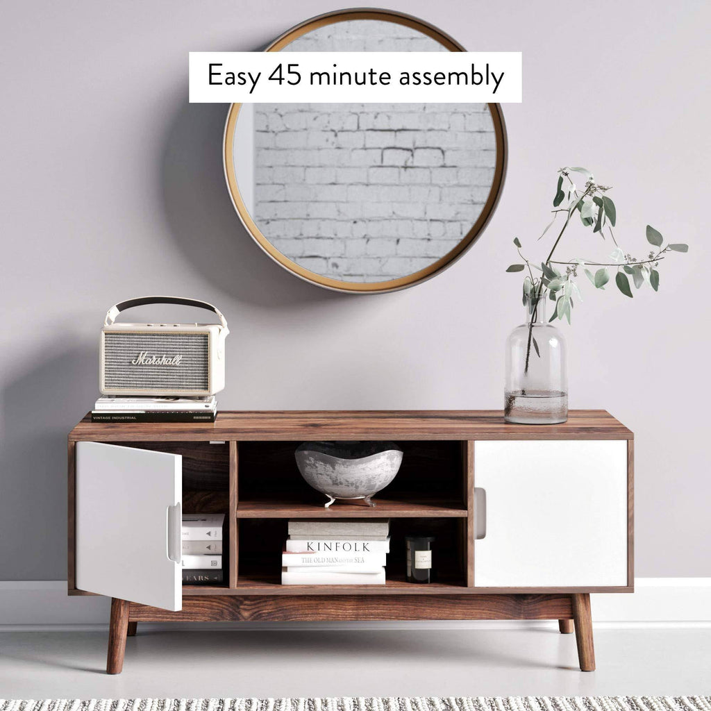 Brown Scandinavian TV Stand with White Cabinet Doors Y546