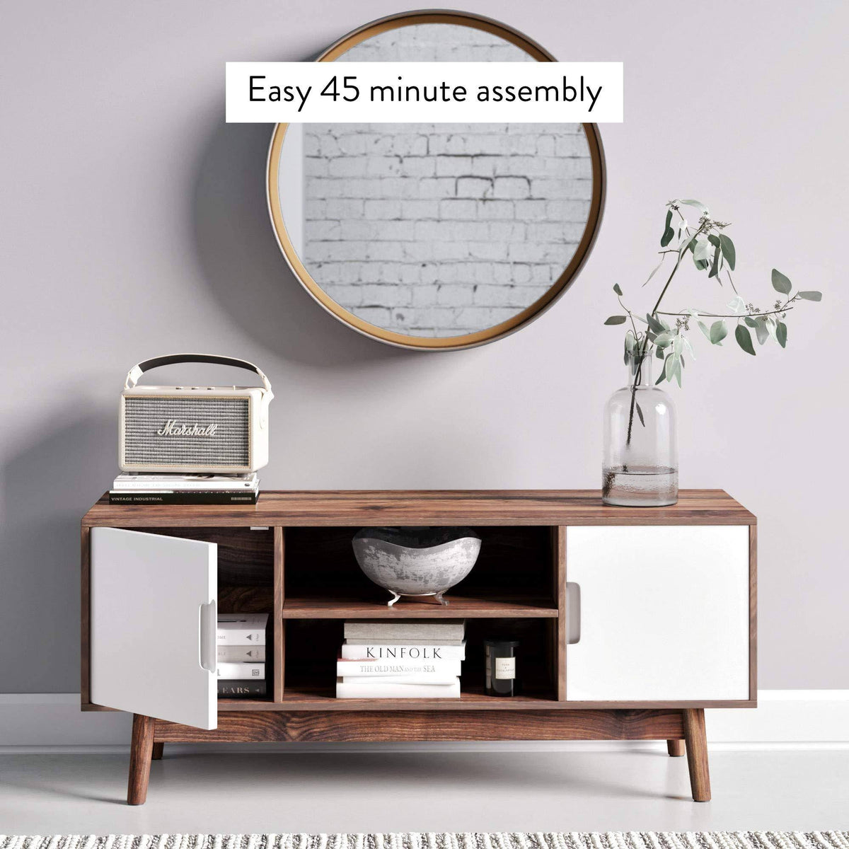 Brown Scandinavian TV Stand with White Cabinet Doors Y546