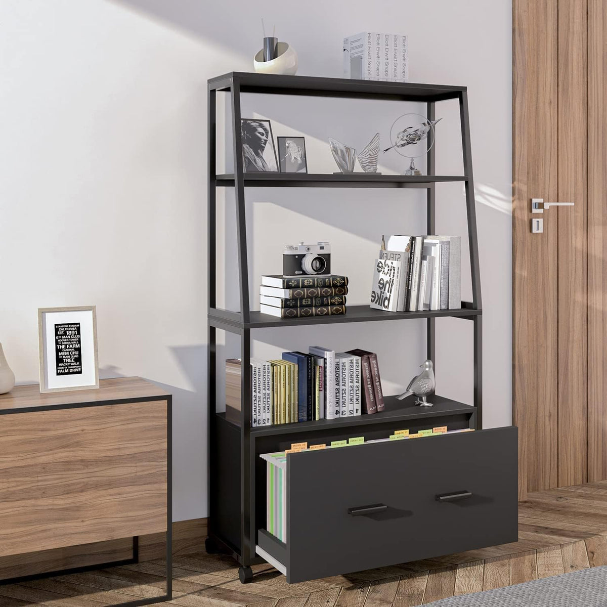 Black Rolling File Cabinet with Drawer P374