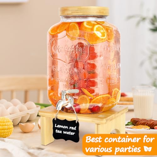 2 Gallon Glass Beverage Dispenser with Wood Stand and Stainless Steel Spigot C6822