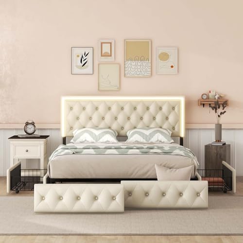 Queen Size Upholstered Bed Frame with 4 Storage Drawers, Button Tufted Adjustable Headboard PU Leather Platform Bed with LED Light (Black) V62837