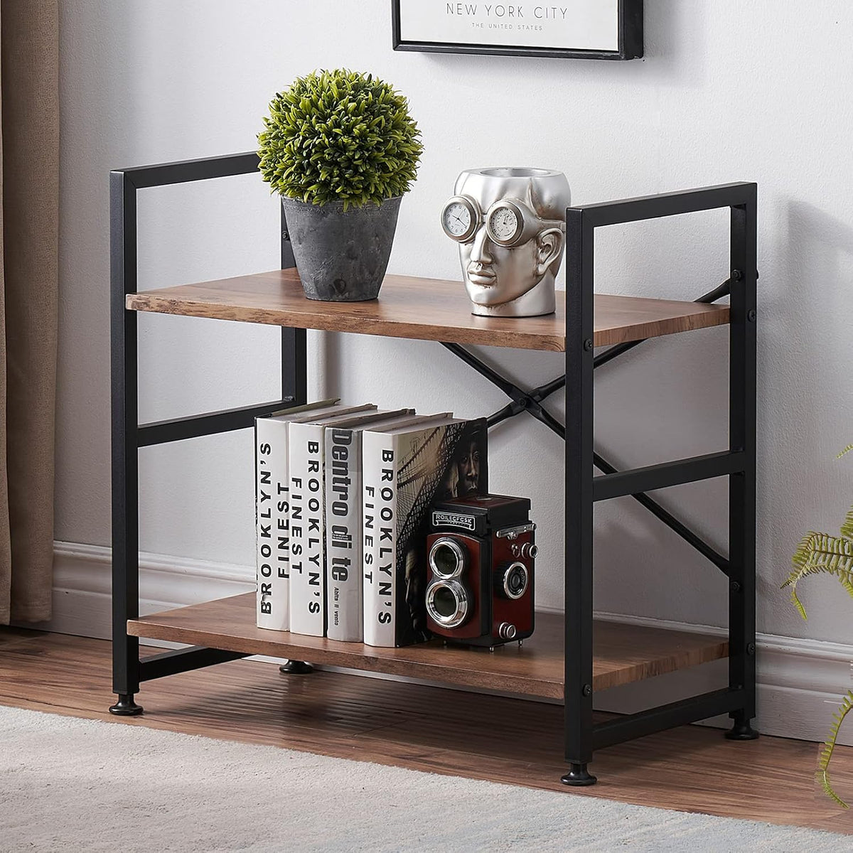Rustic Brown 2 Tier Open Bookcase with Metal Frame U640