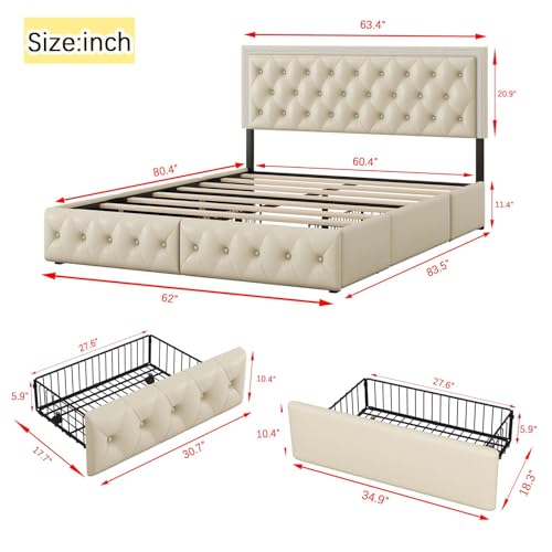 Queen Size Upholstered Bed Frame with 4 Storage Drawers, Button Tufted Adjustable Headboard PU Leather Platform Bed with LED Light (Black) V62837