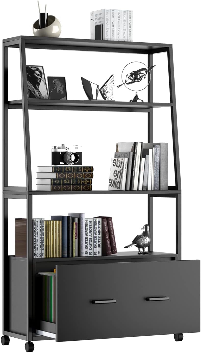 Black Rolling File Cabinet with Drawer P374