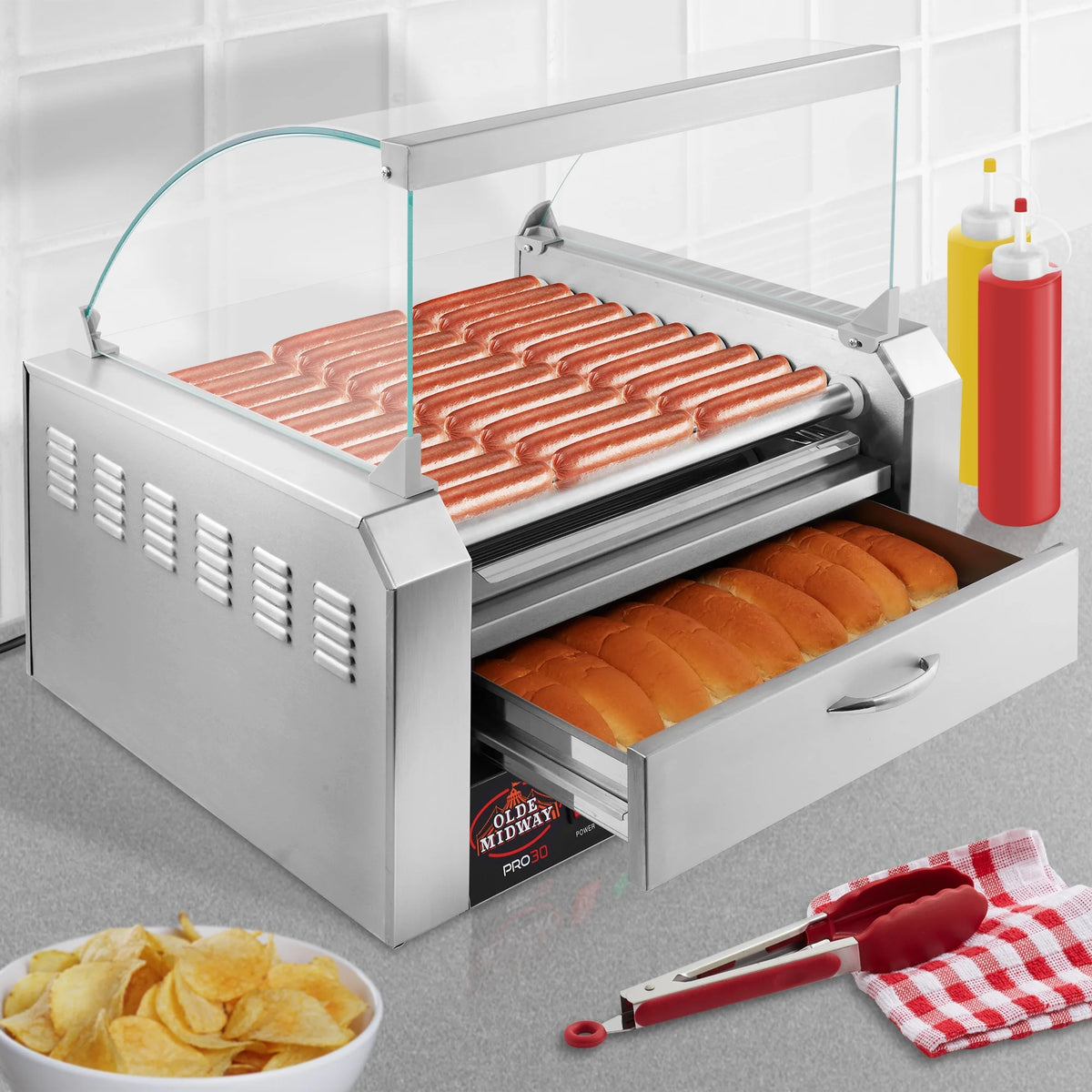 Electric Hot Dog Roller Machine with Cover, 11 Rollers, Bun Warming Drawer C829