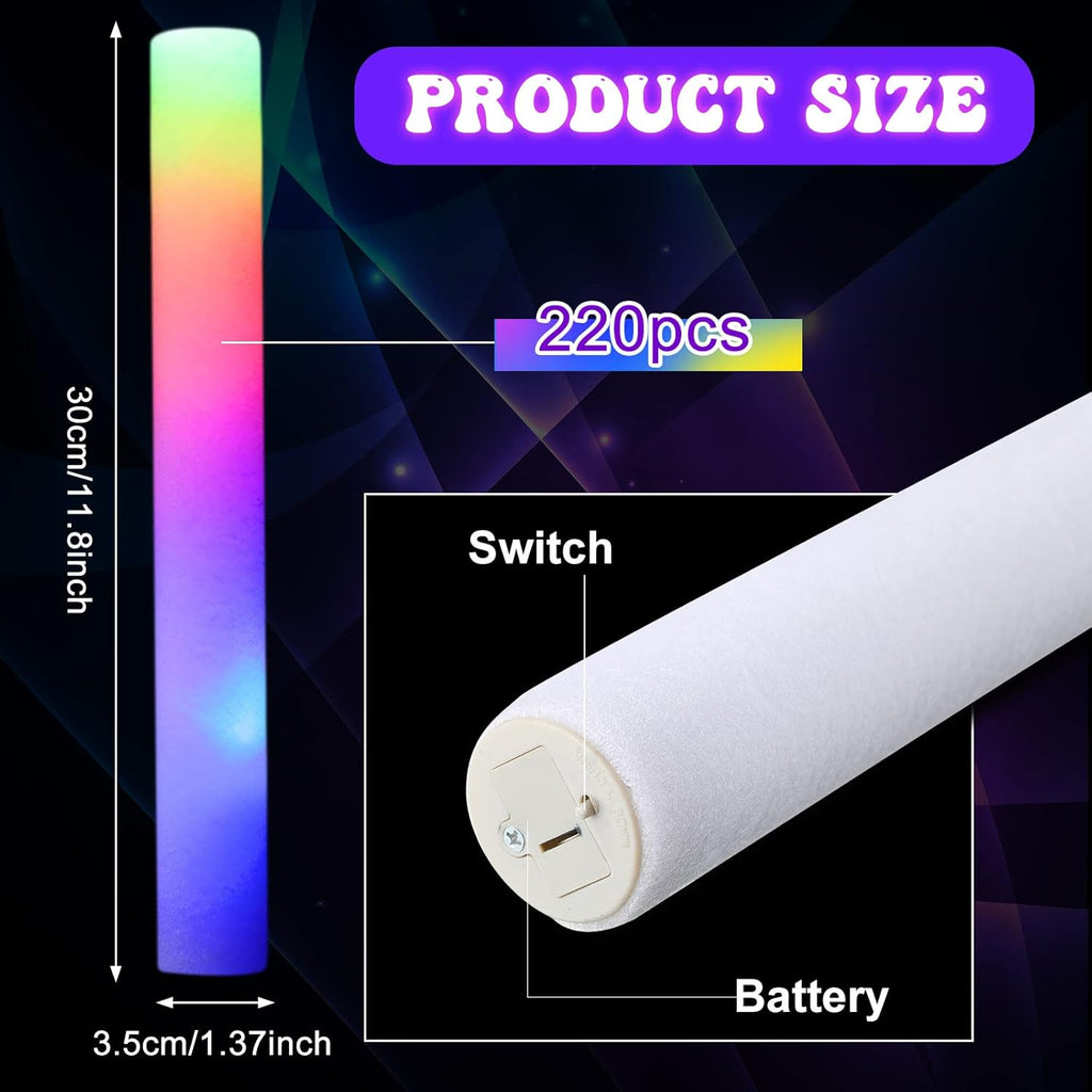 220 Pieces LED Light up Foam Sticks Colorful Flashing Glow Stick with 3 Modes Y25768