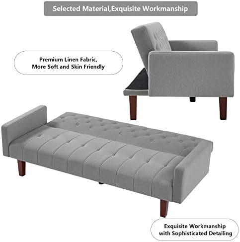 Blue Tufted Linen Futon Sofa Bed Twin Size with Solid Wood Legs S6322