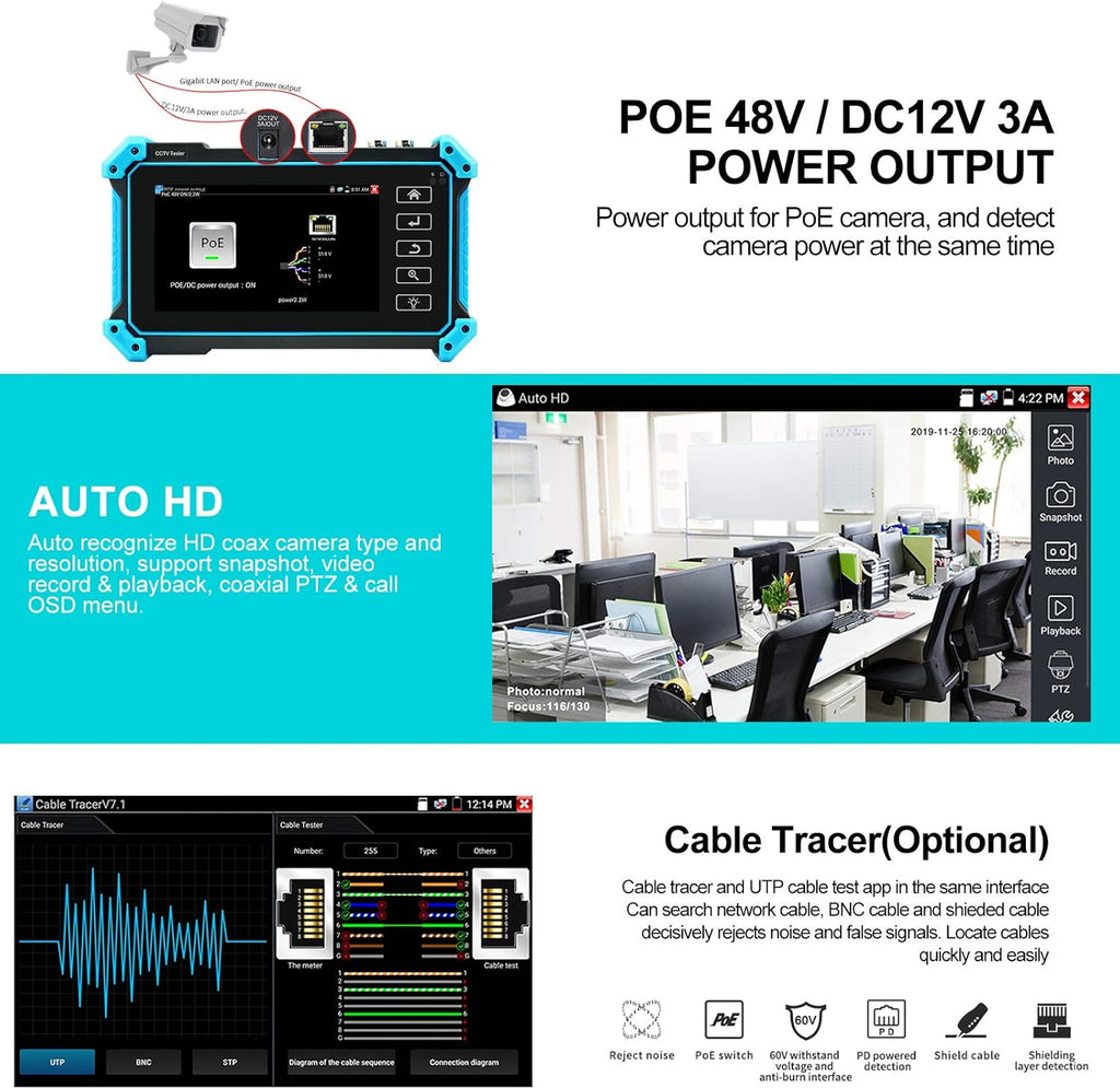 IPC Camera Tester 8MP AHD CVI TVI SDI CVBS IP Camera Test 4K HD Display 5inch IPS Touch Screen Support POE PTZ WiFi RS485 HDMI & VGA Input DC12V Output S5201