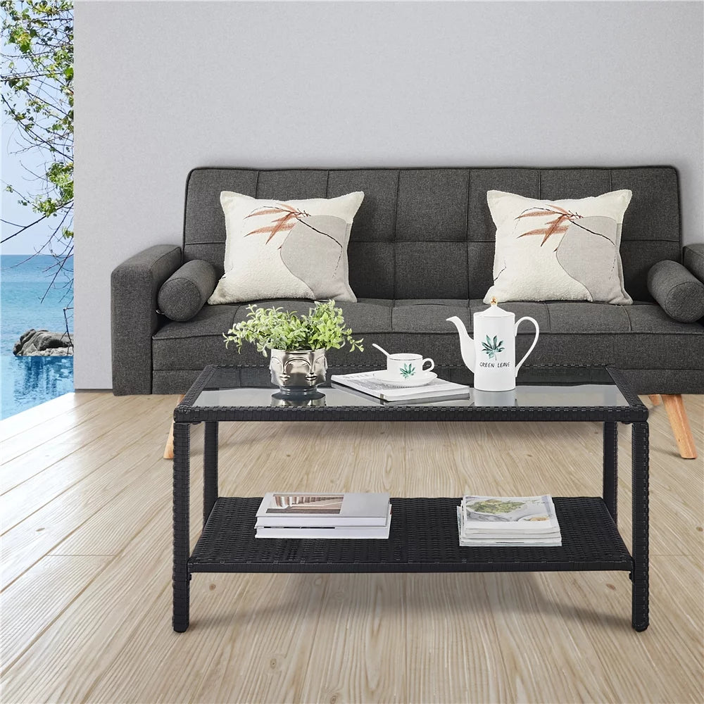 Wicker Rectangular Coffee Table with Tempered Glass Top S82529
