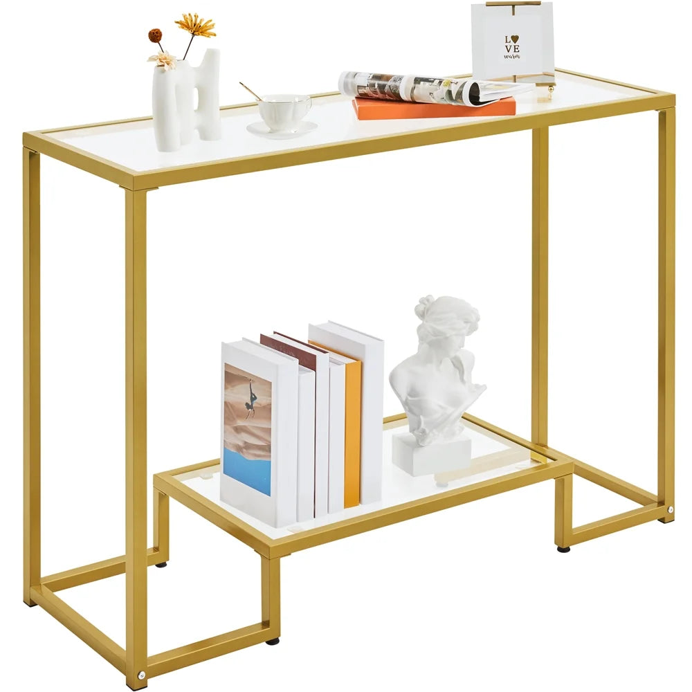 Gold Tempered Glass Console Table with Metal Frame V909252