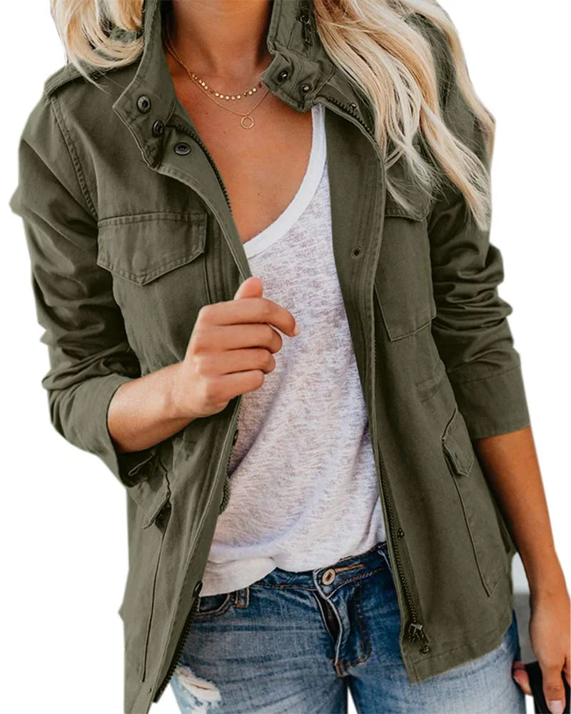Women Military Utility Anorak Coat Zip Up Lightweight Jacket with Pockets B60077