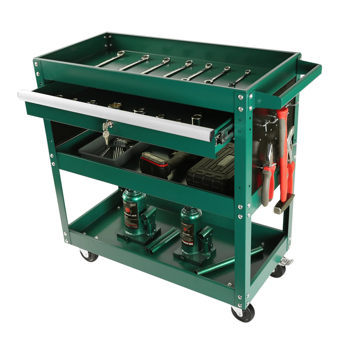 Rolling Tool Cart with Drawer, 3 Tray, 6 Side Hooks B46092