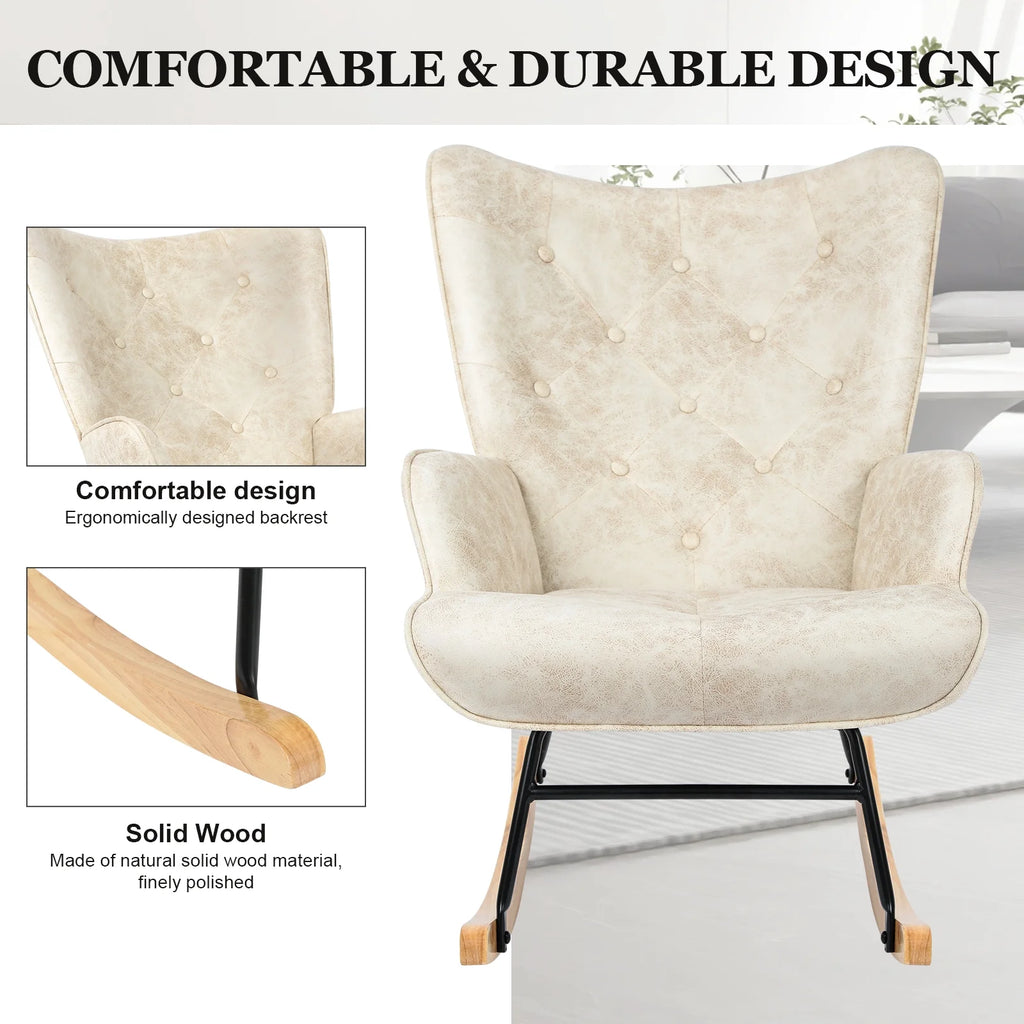 Polyester Fabric Rocking Chair with Wooden Base and Armrests White Z81992