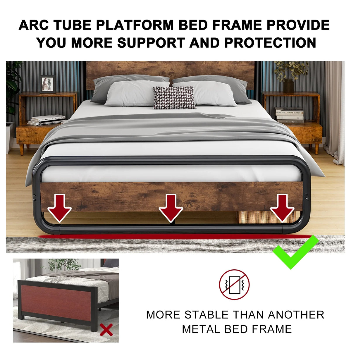 Queen Size Metal Platform Bed Frame with Wooden Headboard D637399