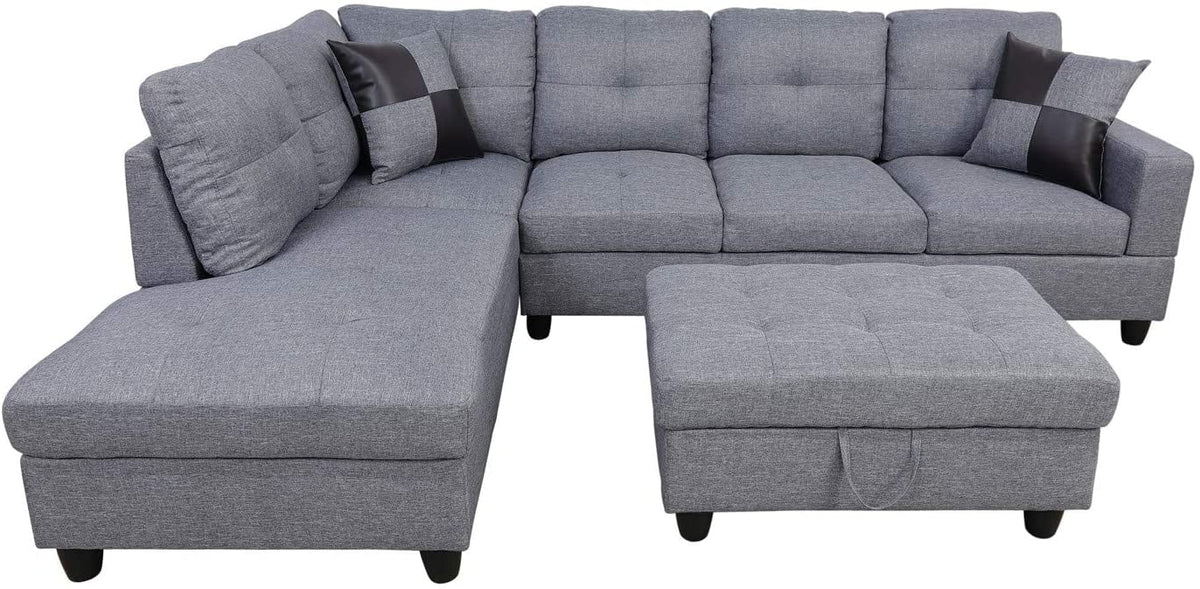 3 PCS L-Shaped Sectional Couch Sofa Set Linen Fabric with Storage Ottoman T14543