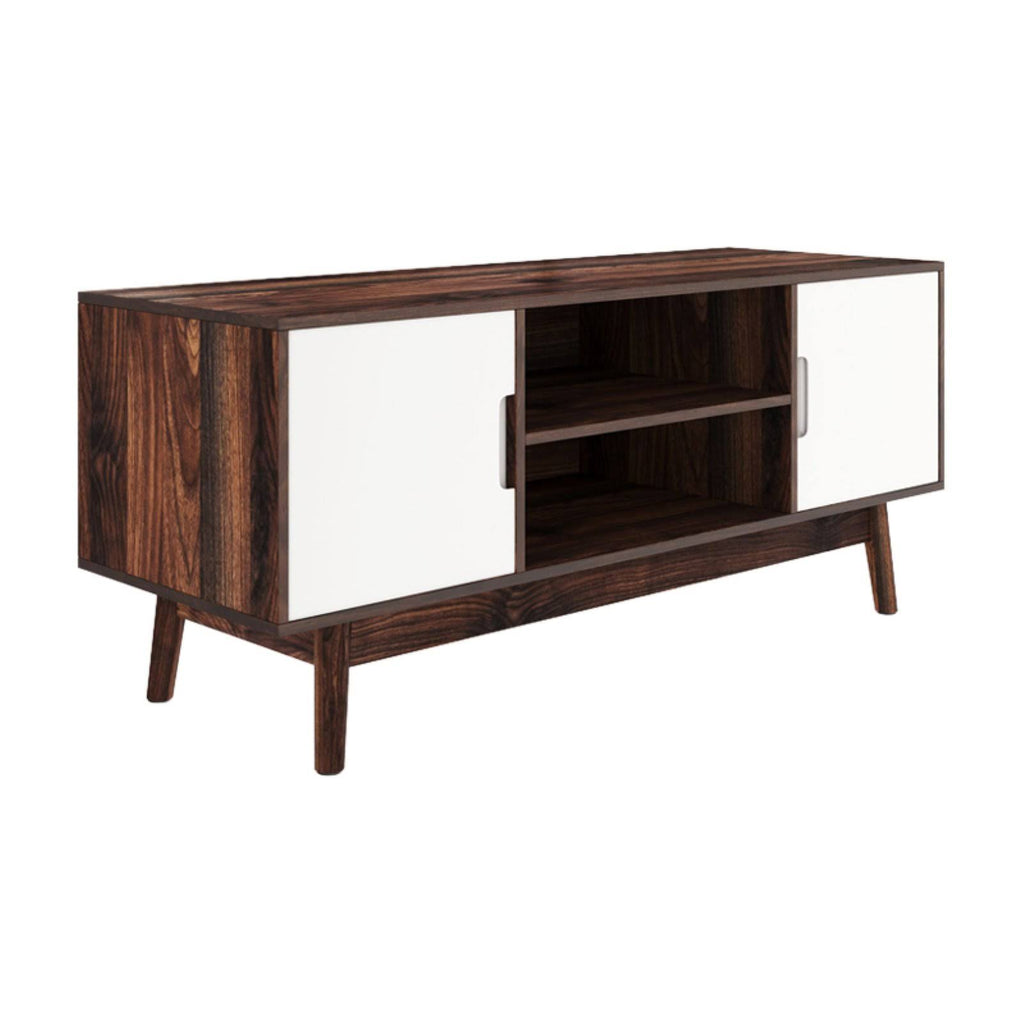Brown Scandinavian TV Stand with White Cabinet Doors Y546