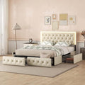 Queen Size Upholstered Bed Frame with 4 Storage Drawers, Button Tufted Adjustable Headboard PU Leather Platform Bed with LED Light (Black) V62837
