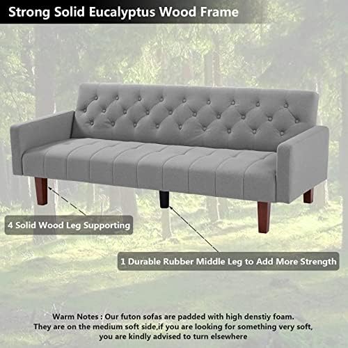 Blue Tufted Linen Futon Sofa Bed Twin Size with Solid Wood Legs S6322