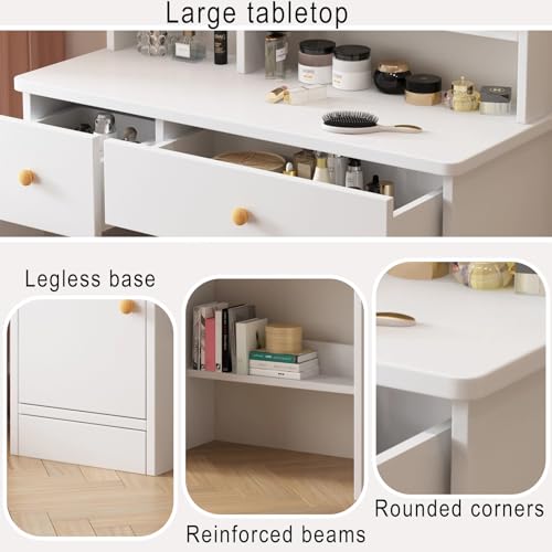 White Vanity Desk with Mirror and Lights, 3 Lighting Modes, Drawers, Open Storage Shelves N395271