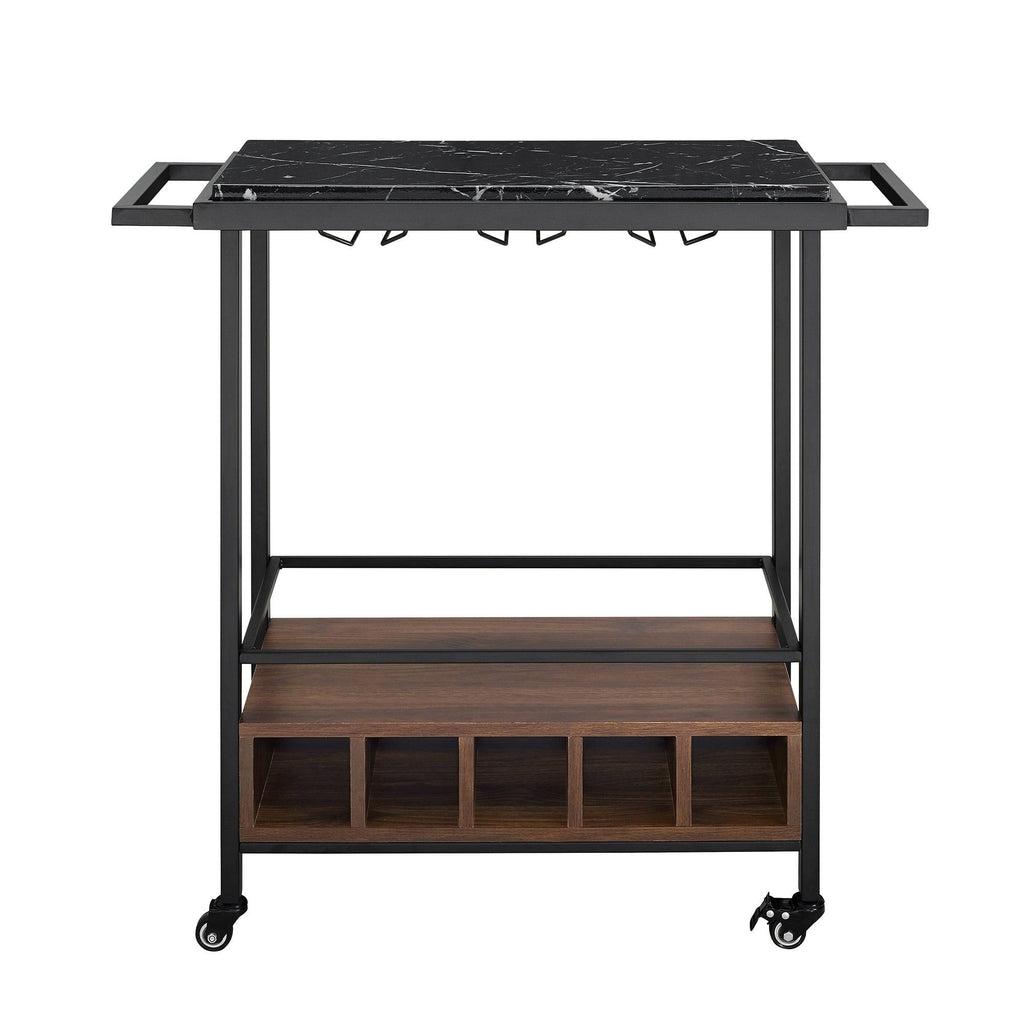 Faux Marble Serving Bar Cart with Dark Walnut Base B4901