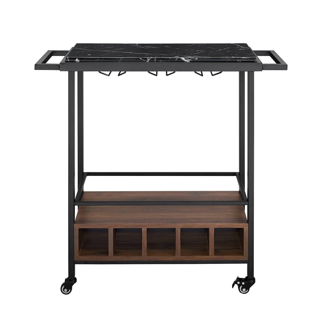 Faux Marble Serving Bar Cart with Dark Walnut Base B4901