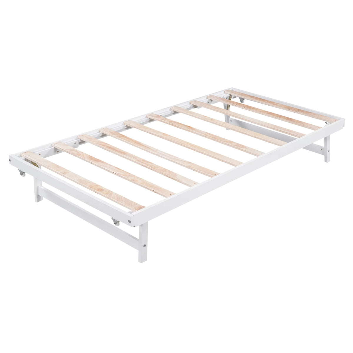 White Full Size Wood Platform Bed with Adjustable Trundle and Headboard A143