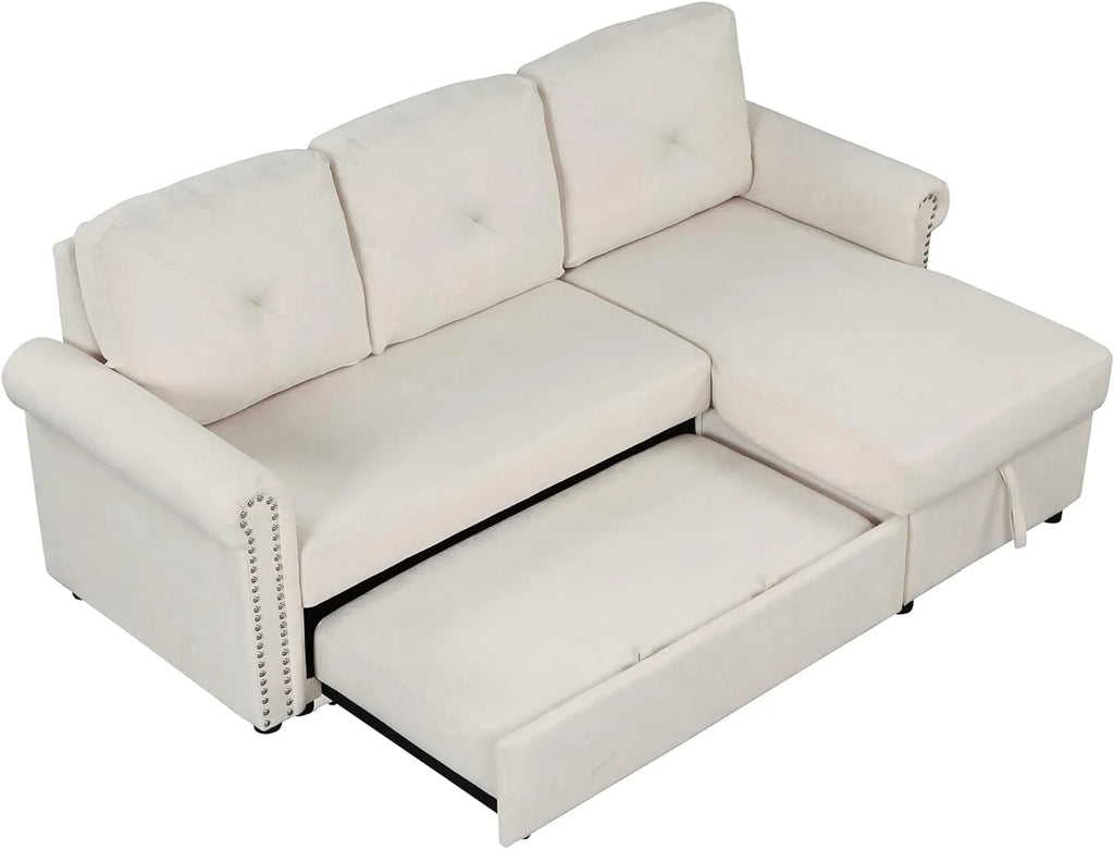 Beige L-Shape Convertible Sleeper Sofa Bed with Storage Chaise S293759