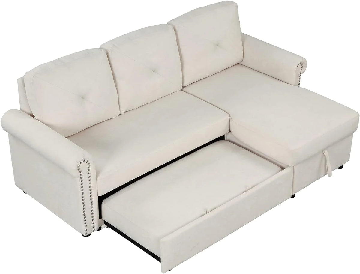 Beige L-Shape Convertible Sleeper Sofa Bed with Storage Chaise S293759