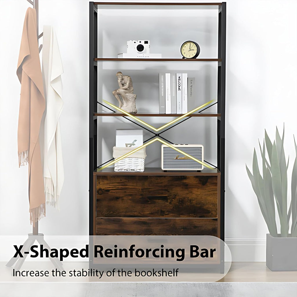 Tall Bookshelf with File Cabinet Drawers, Standing Shelf Units with Storage, Wooden Bookshelves, Vintage Brown L360082