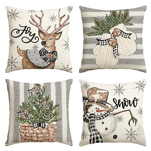 Christmas Snowman Reindeer Gloves Eucalyptus Red Throw Pillow Covers, 18 x 18 Inch Set of 4 R773408