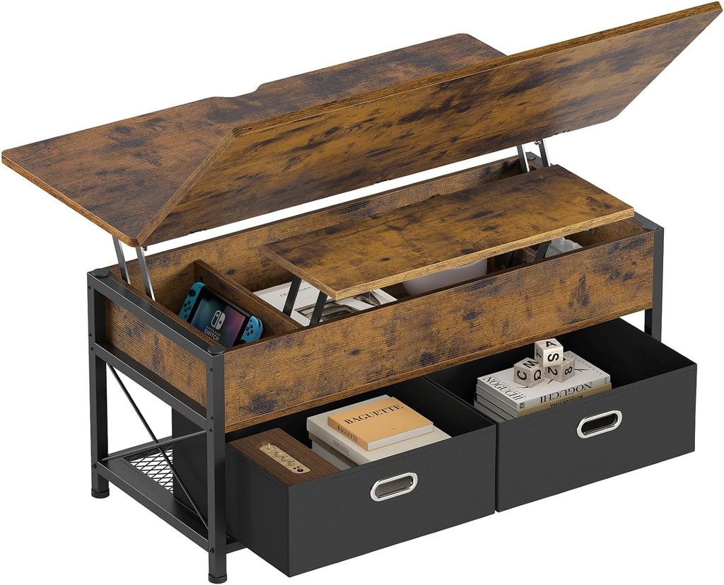 Lift Top Coffee Table with Storage, 4 in 1 Square Center Table with 2 Drawers and Hidden Compartment, Modern Dining Table for Living Room,Brown N4779