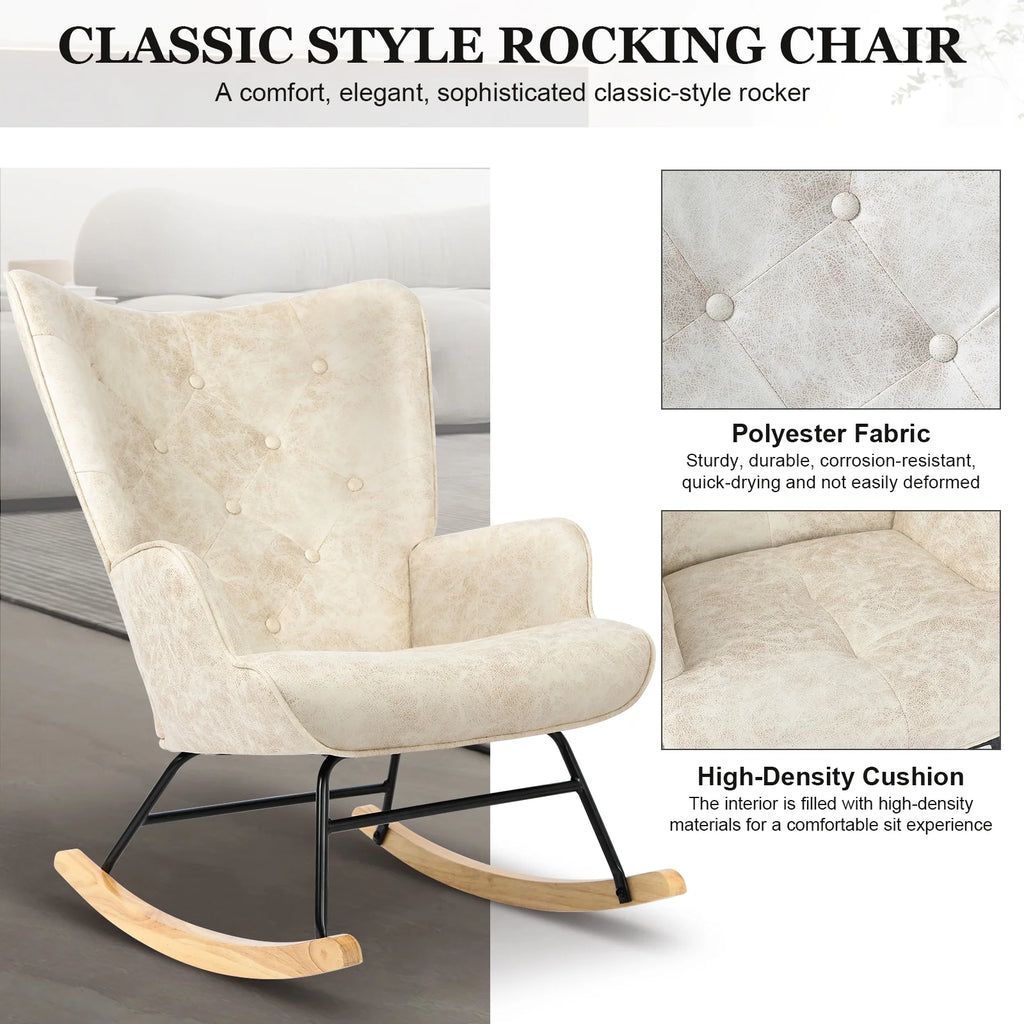 Polyester Fabric Rocking Chair with Wooden Base and Armrests White Z81992