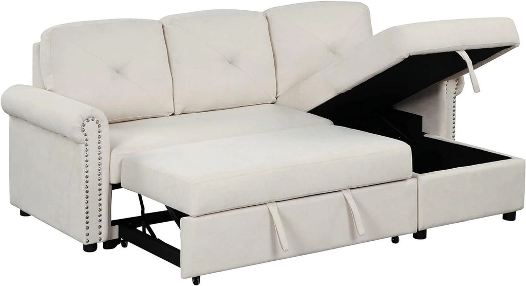 Beige L-Shape Convertible Sleeper Sofa Bed with Storage Chaise S293759