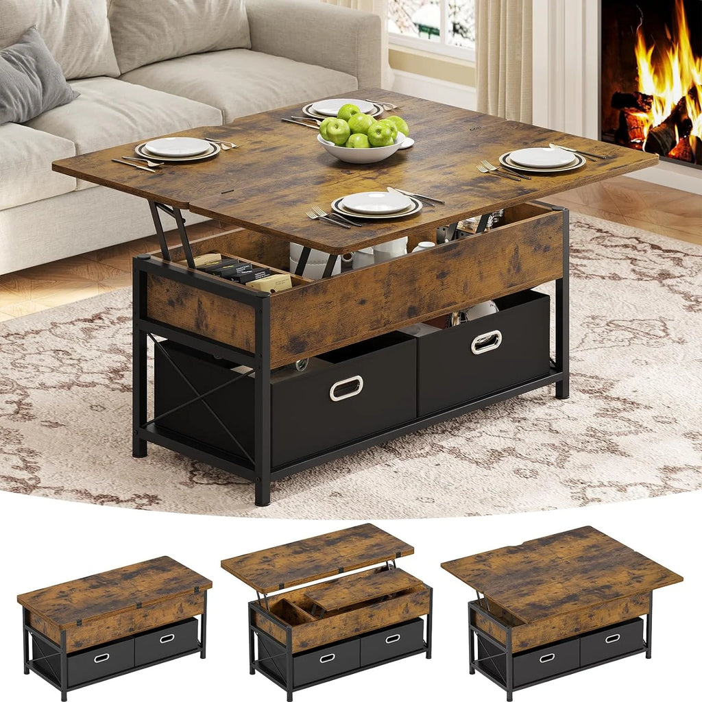 Lift Top Coffee Table with Storage, 4 in 1 Square Center Table with 2 Drawers and Hidden Compartment, Modern Dining Table for Living Room,Brown N4779