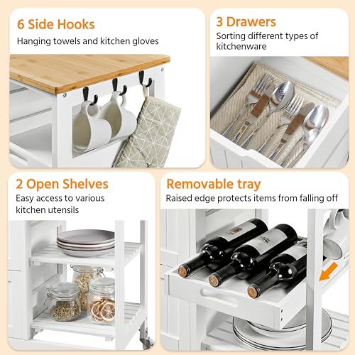 White Kitchen Island Cart on Wheels with Bamboo Countertop C757420
