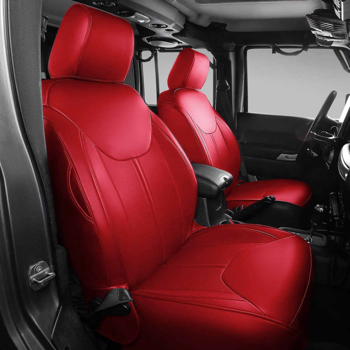 Black+Red PU Leather Seat Covers for Jeep Wrangler JK 4 Door, Pack of 2 H8354