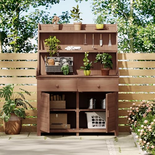 66" Wooden Potting Bench Table with 2 Drawers, Cabinet and Open Shelves Y441638