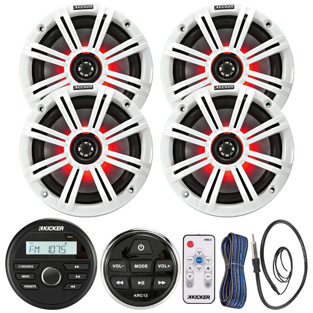 Bluetooth USB Marine Stereo Receiver Bundle with 4x 6.5 2-Way Coaxial LED Speakers P82774