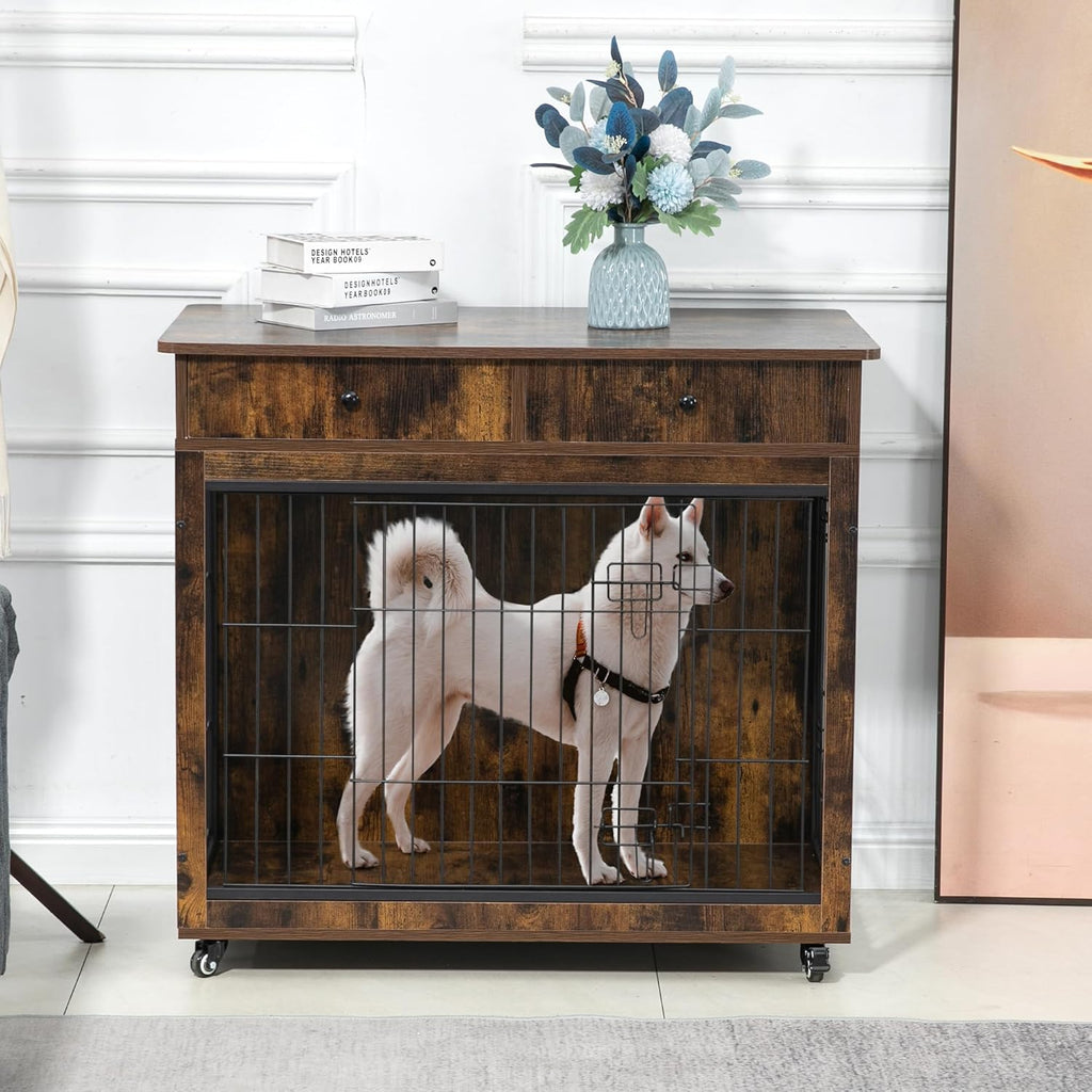Brown Wooden Cabinet Crate with Storage Drawer and 2 Doors R96685