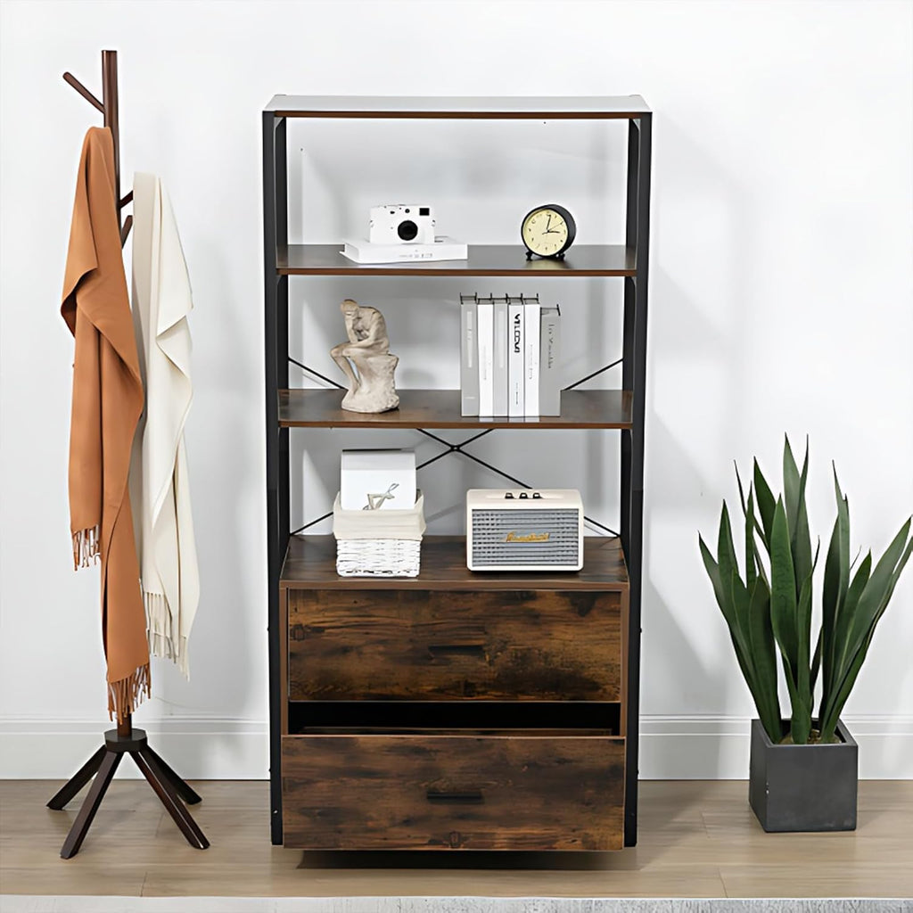 Tall Bookshelf with File Cabinet Drawers, Standing Shelf Units with Storage, Wooden Bookshelves, Vintage Brown L360082