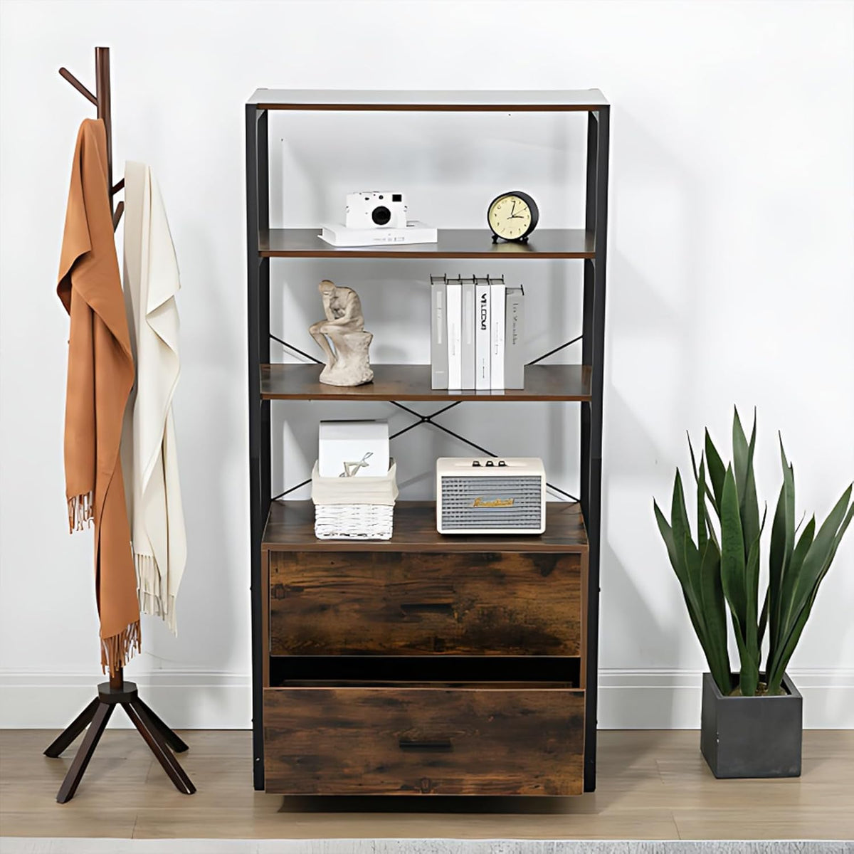 Tall Bookshelf with File Cabinet Drawers, Standing Shelf Units with Storage, Wooden Bookshelves, Vintage Brown L360082