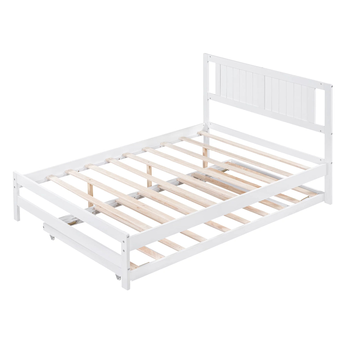 White Full Size Wood Platform Bed with Adjustable Trundle and Headboard A143