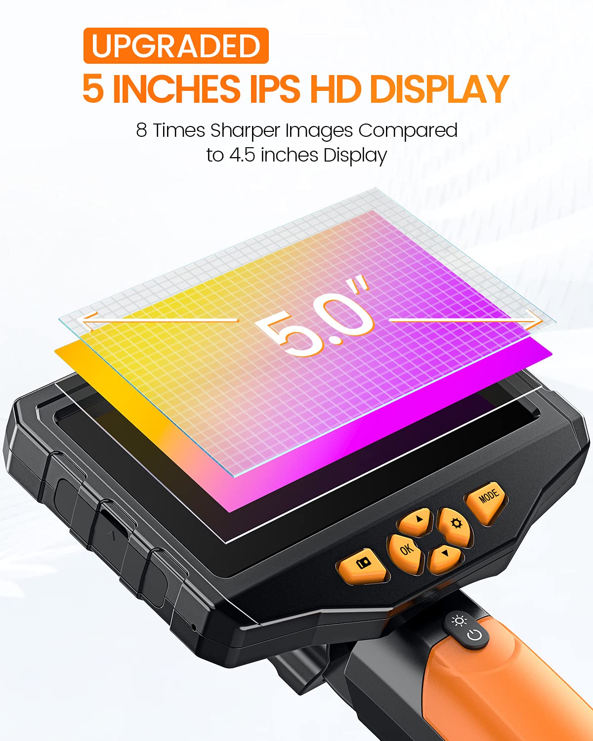 Dual Lens Inspection Camera with Light, 5 IPS Screen, 16.4ft Flexible Probe, 1080p M84265