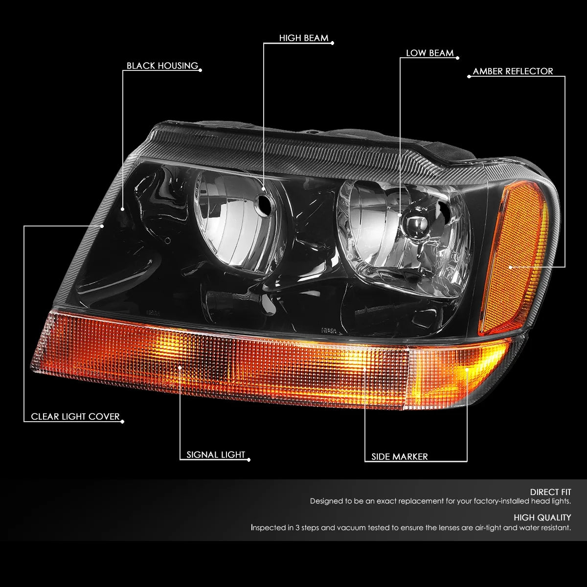 Black Housing Amber Side Headlight Headlamps for Jeep Grand Cherokee L752091